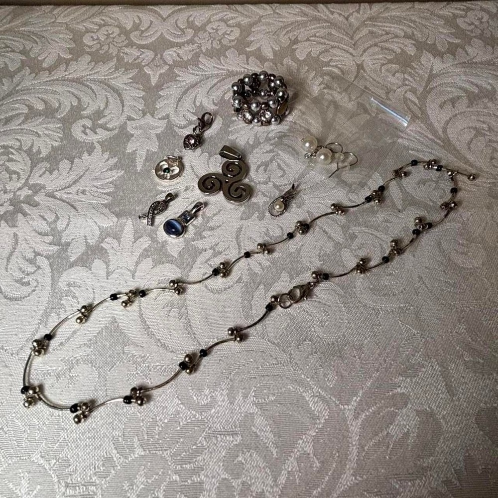 Mixed Jewelry Lot Silver Tone Station Necklace Pendants Pearl Earrings Whimsy